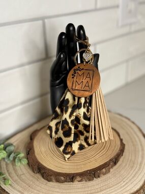 Keychain- Mama Leather & Leopard Tassel Gold Accent - Handmade/ Assembled by me